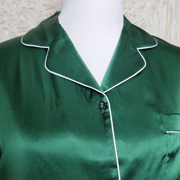 SilkSilky Pure Silk Classic Binding Trim Pajama Top Green - Picture 7 of 9